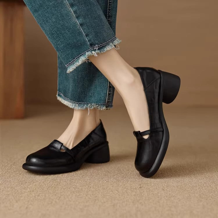 Zapatos de salón retro con punta redonda y tacón grueso
