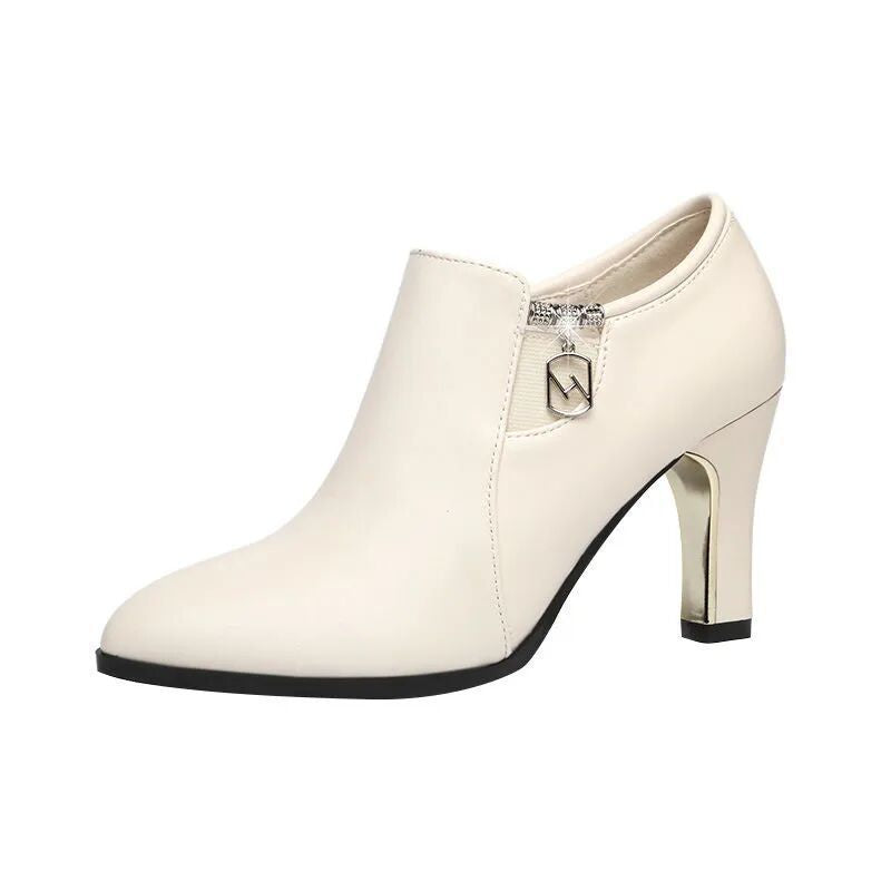 botas cortas de cuero de primavera y otono tacones altos cremallera puntiaguda