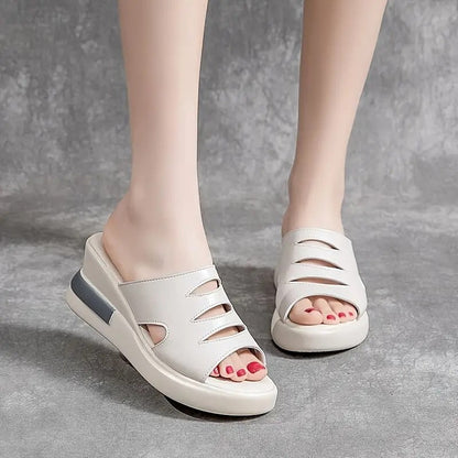 Zapatillas peep-toe de suela gruesa de cuero genuino