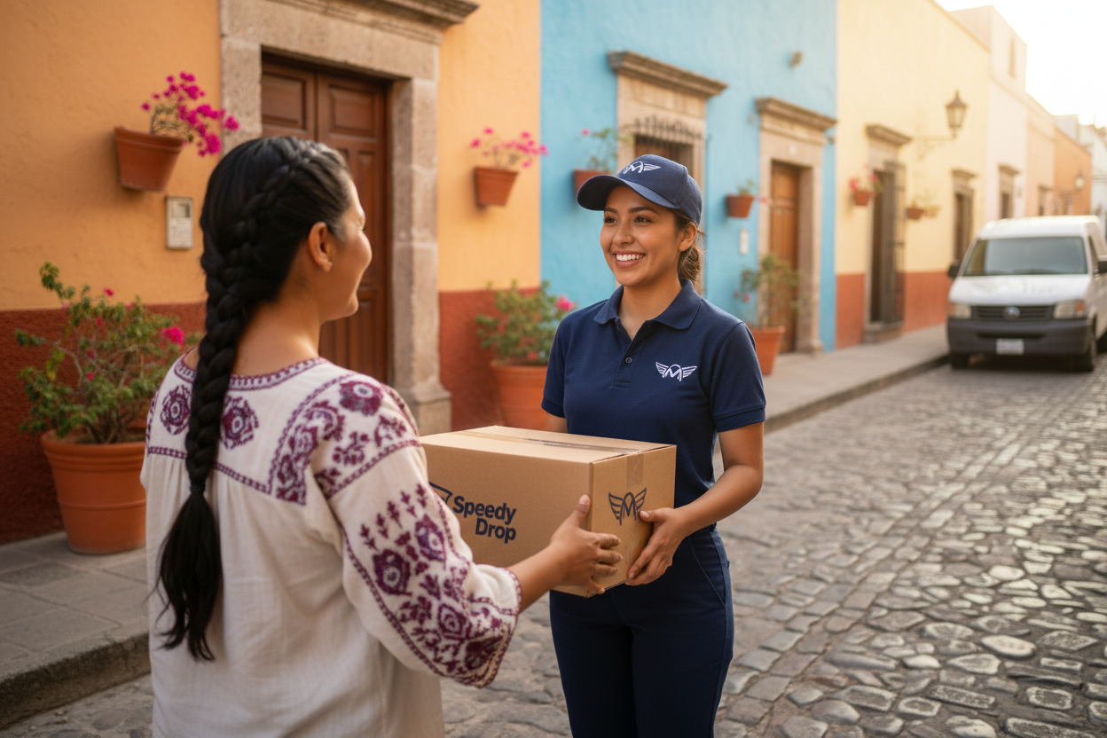 快递员把快递交付给客户，双方都是墨西哥人