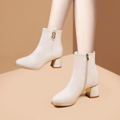 Botas de cuero femeninas con tacones de terciopelo (encaje dorado)