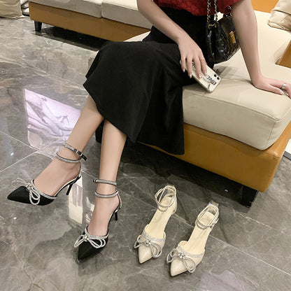 Sandalias de tacón de aguja con lazo de diamantes de imitación para mujer