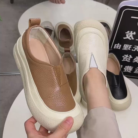 100% cuero genuino zapatos de plataforma con punta redonda