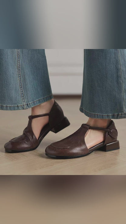 Zapatos de piel estilo francés retro con tacón bajo